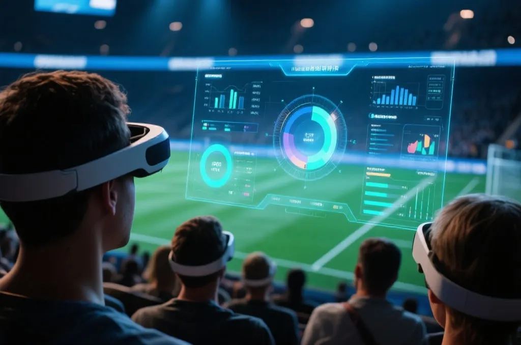 观众使用AR设备观看比赛，屏幕上显示数据可视化
