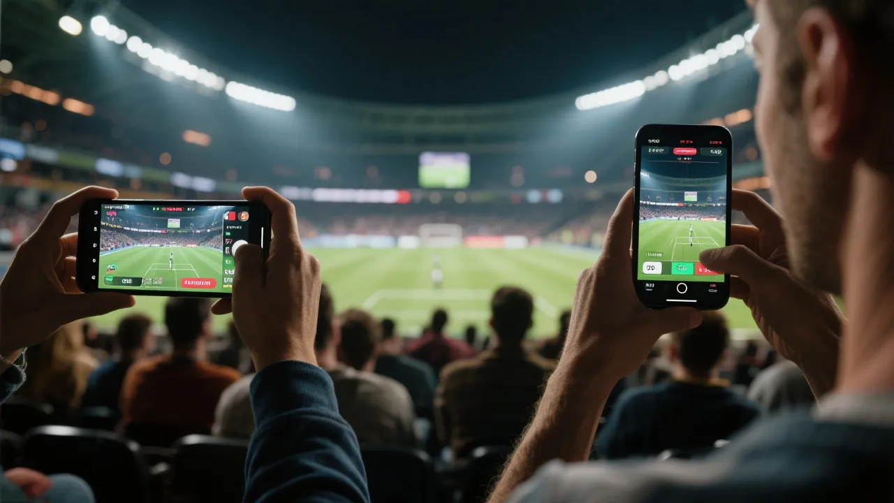 观众在大型体育场使用手机观看多视角与实时数据叠加的沉浸式观赛画面